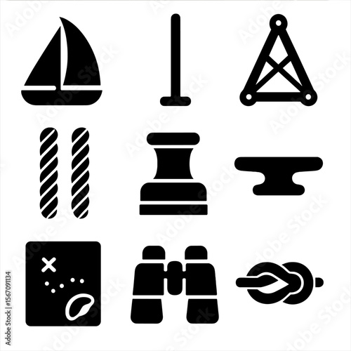 Sailing Icons Grid. Solid, filled icon set of sailing equipment: sail, mast, rigging, ropes, winch, cleat, navigation chart,