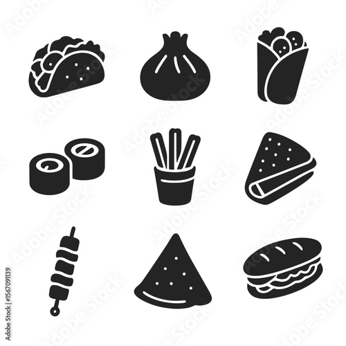 Global Street Food Icons. Solid, filled icons set of global street food variety: taco, dumpling, falafel wrap,