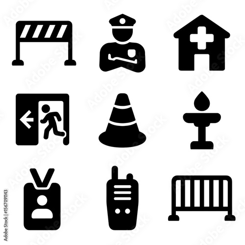 Parade Safety Icons. Solid, filled icon set of parade safety and logistics: barricades, security guards, first aid station,