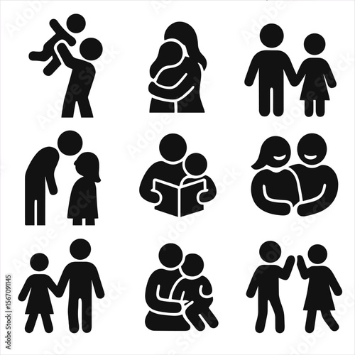 Parent-Child Icons. Solid, filled icon set of parent-child moments: father lifting child, mother hugging, hand-holding, forehead