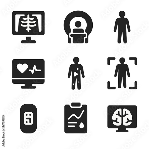 Medical Imaging Icons. Solid, filled icon set of body scan technologies: x-ray screen, MRI scanner, body silhouette, heartbeat