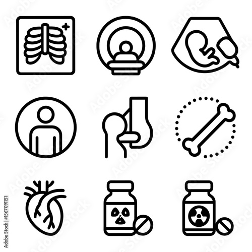 Medical Imaging Icons. Solid, filled icon set of medical imaging types: X-ray, CT scan, MRI, ultrasound, PET scan, mammography,