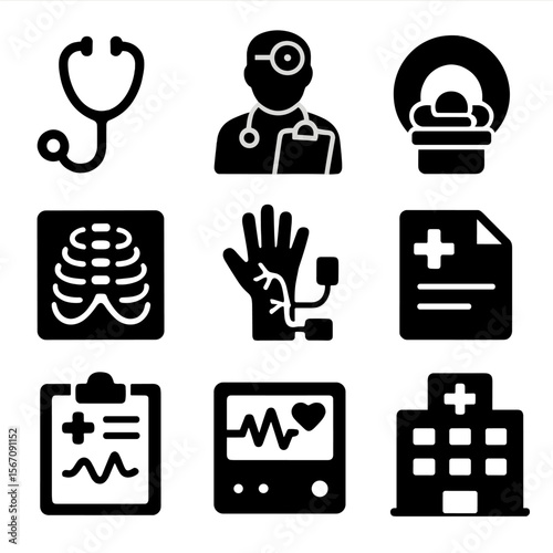 Medical Icons Grid. Solid, filled icon set of medical consultations and diagnostics: stethoscope, doctor with clipboard, MRI scan,