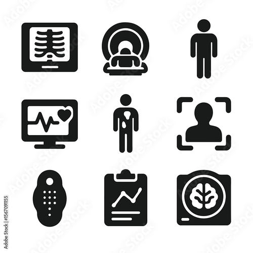 Medical Imaging Icons. Solid, filled icon set of body scan technologies: x-ray screen, MRI scanner, body silhouette, heartbeat