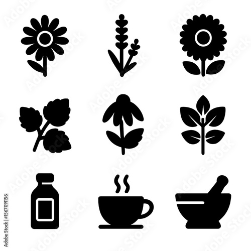 Medicinal Herbs Icons. Solid, filled icon set of medicinal herbs: chamomile flower, lavender stem, calendula bloom, lemon balm,