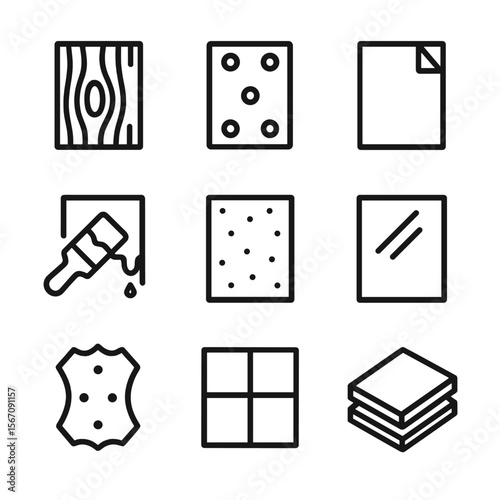 Sanding Material Icons. Solid, filled icon set of sanding materials: wood plank, metal sheet, plastic panel, painted surface,