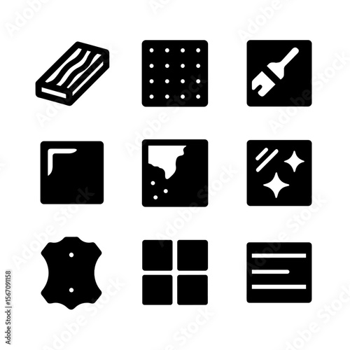 Sanding Material Icons. Solid, filled icon set of sanding materials: wood plank, metal sheet, plastic panel, painted surface,