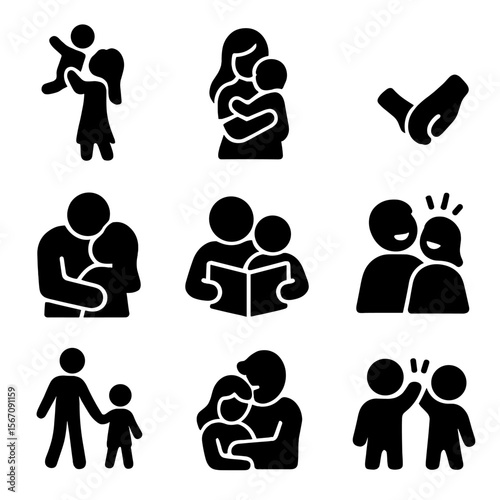 Parent-Child Icons. Solid, filled icon set of parent-child moments: father lifting child, mother hugging, hand-holding, forehead