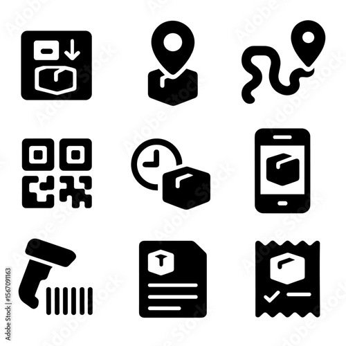 Parcel Tracking Icons. Solid, filled icon set of parcel and logistics tracking: tracking number, map pin, GPS route, QR code,