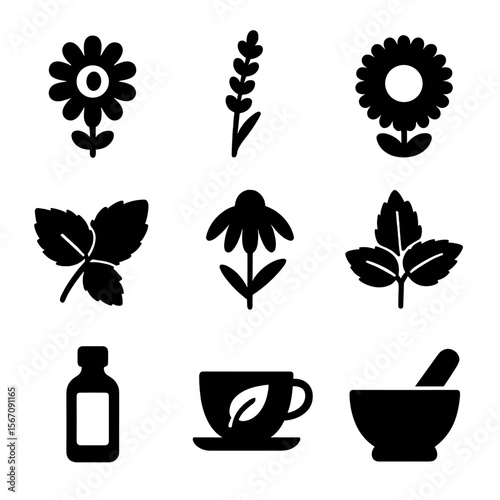 Medicinal Herbs Icons. Solid, filled icon set of medicinal herbs: chamomile flower, lavender stem, calendula bloom, lemon balm,