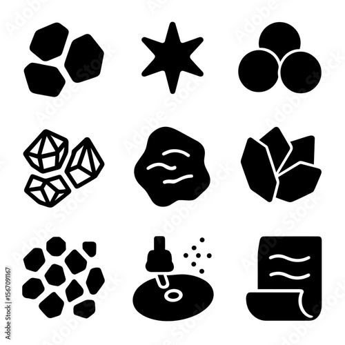 Sanding Materials Icons. Solid, filled icon set of sanding materials composition: aluminum oxide, silicon carbide, garnet, ceramic