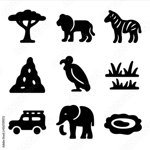 Savanna Wildlife Icons. Solid, filled icon set of savanna wildlife: acacia tree, lion, zebra, termite mound, vulture, grassland,