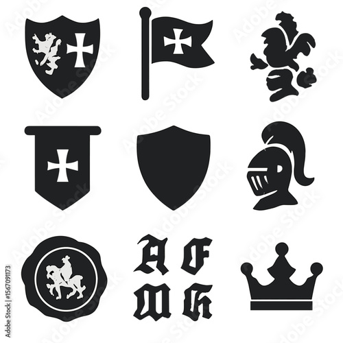 Medieval Heraldry Icons. Solid, filled icon set of historical reenactment heraldry: coat of arms, flag, crest, banner, shield
