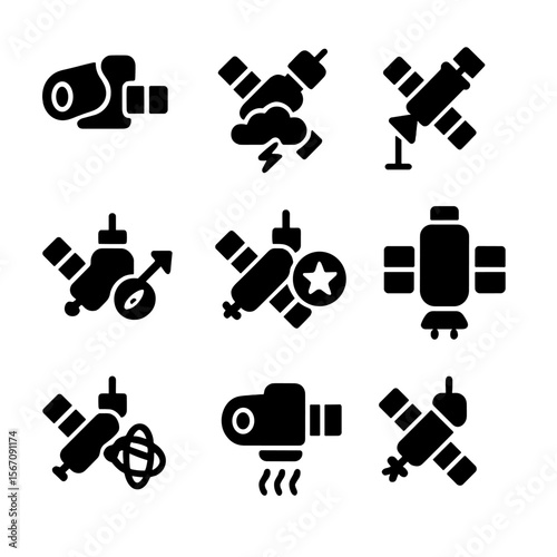 Satellite Instrument Icons. Solid, filled icon set of satellite instruments: imaging sensor, weather monitor, laser altimeter,