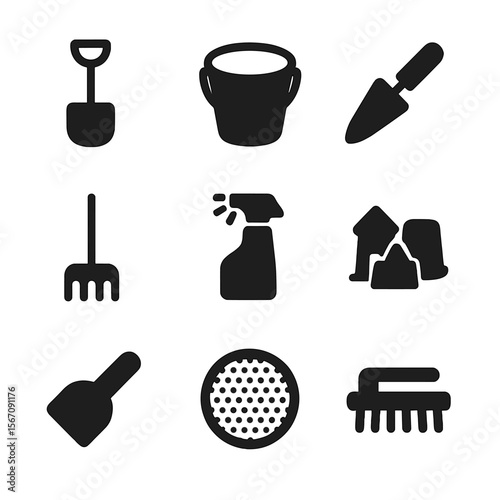 Sandcastle Tools Icons. Solid, filled icon set of sandcastle construction tools: shovel, bucket, trowel, rake, water spray bottle,