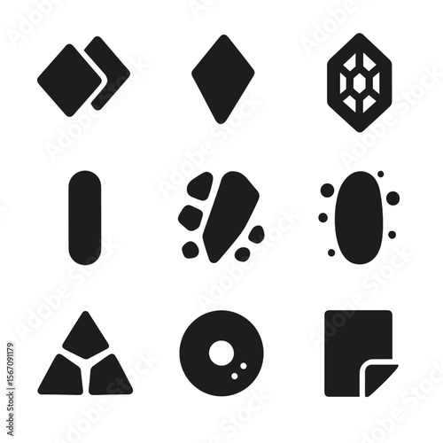 Sanding Materials Icons. Solid, filled icon set of sanding materials composition: aluminum oxide, silicon carbide, garnet, ceramic