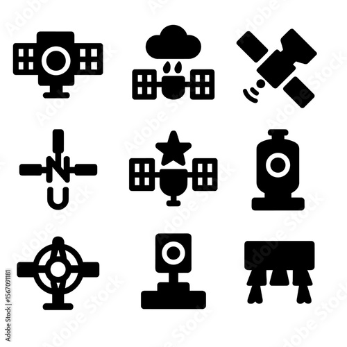 Satellite Instrument Icons. Solid, filled icon set of satellite instruments: imaging sensor, weather monitor, laser altimeter,