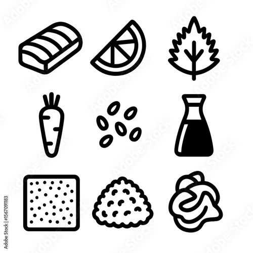 Sashimi Ingredients Icons. Solid, filled icon set of sashimi ingredients: tuna fillet, lemon wedge, shiso leaf, daikon radish,