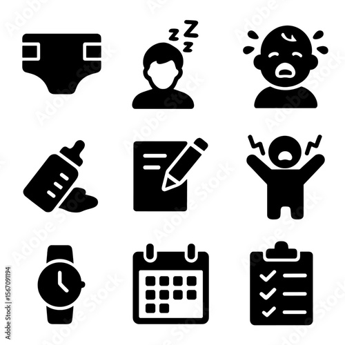 Parenting Challenges Icons. Solid, filled icon set of parenting challenges: diaper, sleepless night, crying baby, spilled milk,