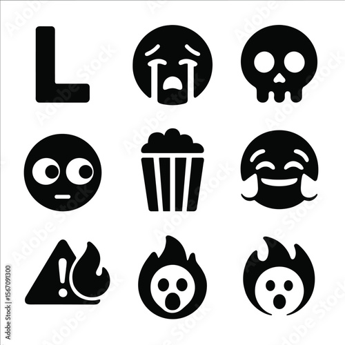 Meme Reaction Icons. Solid, filled icon set of meme reactions in chat: L emoji, crying face, skull emoji, side eyes, popcorn