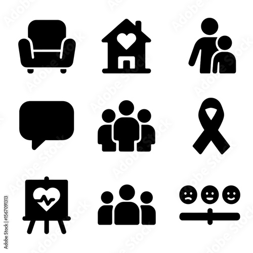 School Mental Health Icons. Solid, filled icon set of mental health in schools: counselor chair, safe space icon, school building,