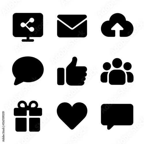 Memory Sharing Icons. Solid, filled icon set of memory sharing: social media, email envelope, upload cloud, chat bubble, like icon