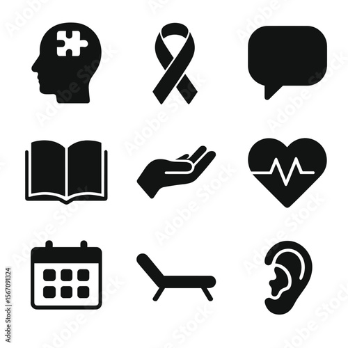 Mental Health Icons. Solid, filled icon set of mental health awareness: head with puzzle, support ribbon, talking bubble, open