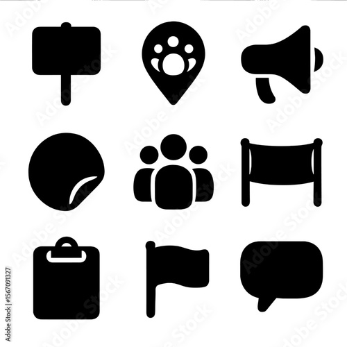 Grassroots Campaign Icons. Solid, filled icons set of grassroots campaigns: poster board, community pin,
