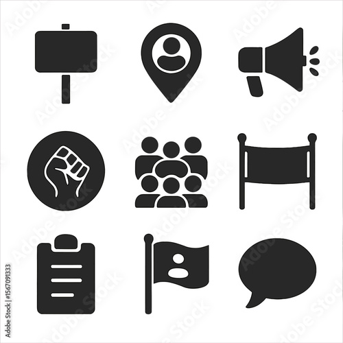 Grassroots Campaign Icons. Solid, filled icons set of grassroots campaigns: poster board, community pin,