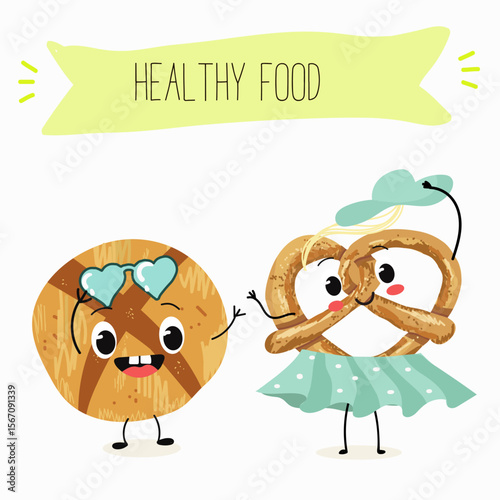 Baked food funny characters, hand drawn vector illustration.
