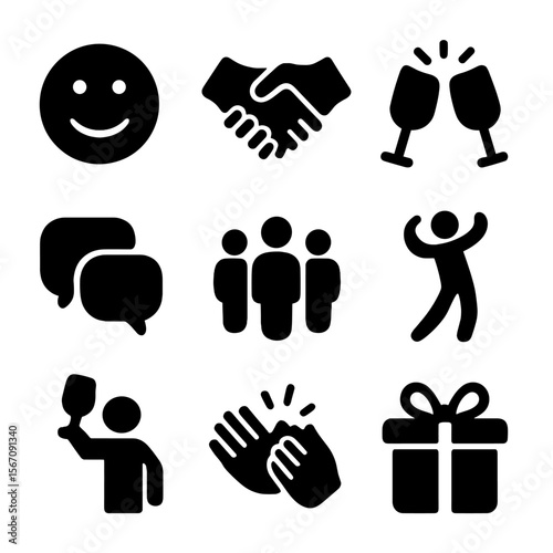 Party Icon Set. Solid, filled icon set of party guests and socializing: smiling face, handshake, clinking glasses, conversation