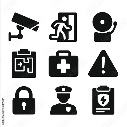 School Safety Icons. Solid, filled icon set of school safety leadership: security camera, emergency exit, fire alarm, safety plan,