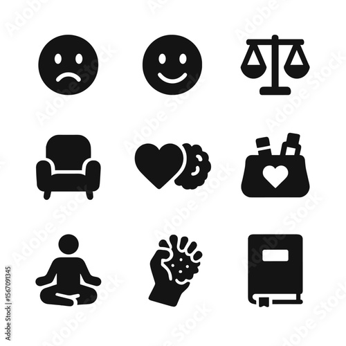 Mental Health Icons. Solid, filled icon set of mental health and behavior: sad face, happy face, balance icon, counseling chair,