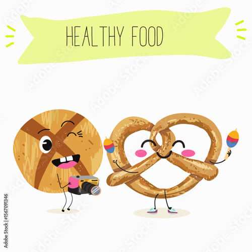 Baked food funny characters, hand drawn vector illustration.