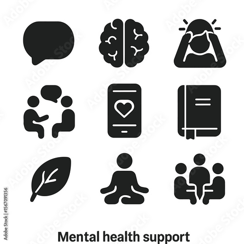 Mental Health Icons. Solid, filled icon set of mental health support: speech bubble, brain icon, stress relief, counselor,