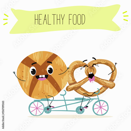 Baked food funny characters, hand drawn vector illustration.