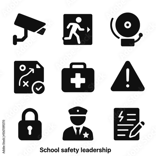 School Safety Icons. Solid, filled icon set of school safety leadership: security camera, emergency exit, fire alarm, safety plan,