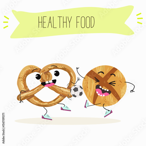 Baked food funny characters, hand drawn vector illustration.