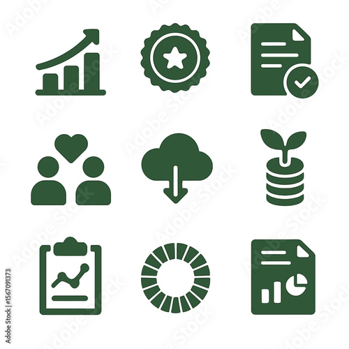 Green Bond Impact Icons. Solid, filled icons set of tracking green bond impact: progress chart, eco rating,
