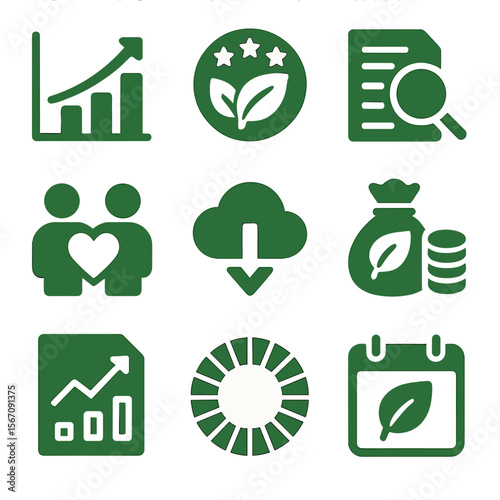 Green Bond Impact Icons. Solid, filled icons set of tracking green bond impact: progress chart, eco rating,