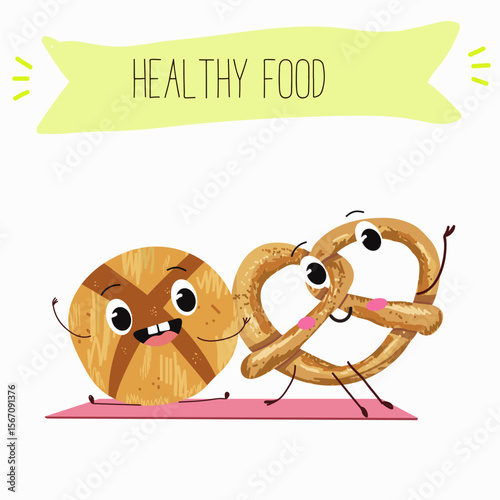 Baked food funny characters, hand drawn vector illustration.