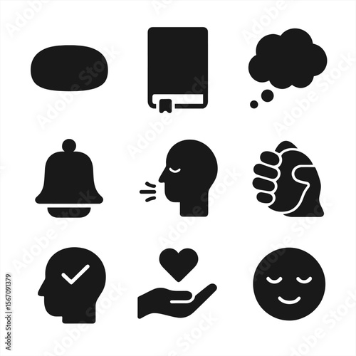 Mental Health Icons. Solid, filled icon set of mental health exercises: meditation cushion, journal book, thought bubble,