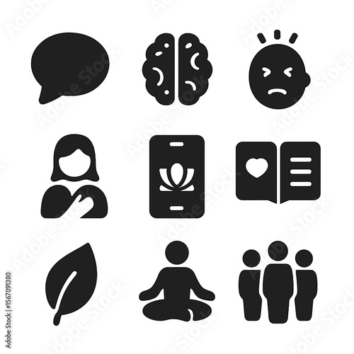 Mental Health Icons. Solid, filled icon set of mental health support: speech bubble, brain icon, stress relief, counselor,