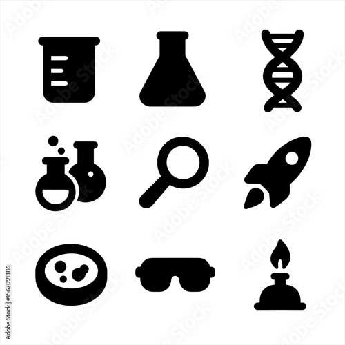 Science Icon Grid. Solid, filled icon set of science experiments: beaker, flask, DNA strand, chemical reaction, magnifying glass,