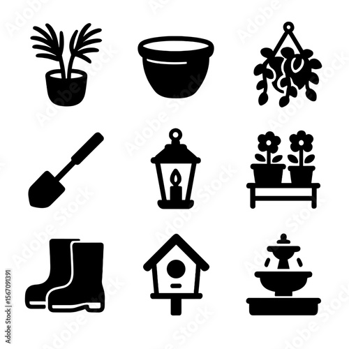 Patio Garden Icons. Solid, filled icon set of arranging potted plants on a patio or deck: palm fronds, ceramic planter, hanging