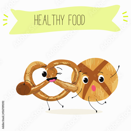 Baked food funny characters, hand drawn vector illustration.
