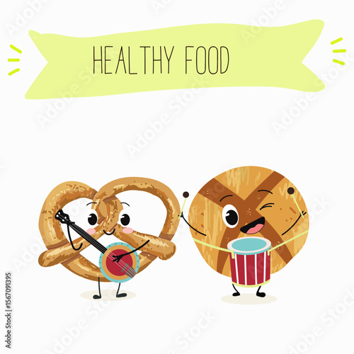 Baked food funny characters, hand drawn vector illustration.