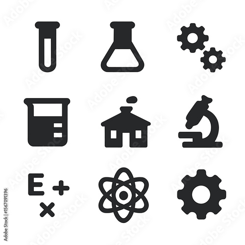 Science Icon Grid. Solid, filled icon set of scientific discoveries: test tube, flask, gears, beaker, laboratory, microscope,