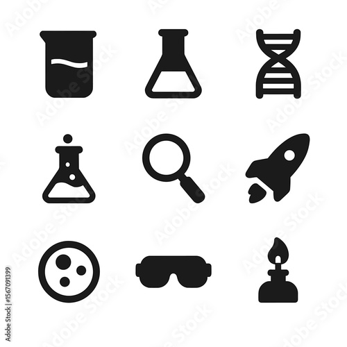 Science Icon Grid. Solid, filled icon set of science experiments: beaker, flask, DNA strand, chemical reaction, magnifying glass,