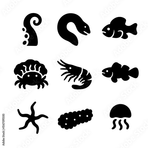 Sea Creatures Icons. Solid, filled icon set of sea creatures hiding in tidal pools: octopus tentacle, moray eel, blenny fish,